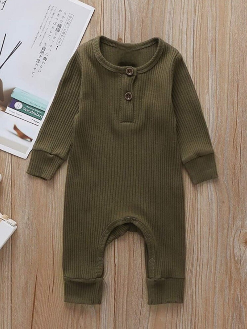 Baby Boy Girl Ribbed Green Long Sleeve Button Jumpsuit Cotton One Piece 9-12M